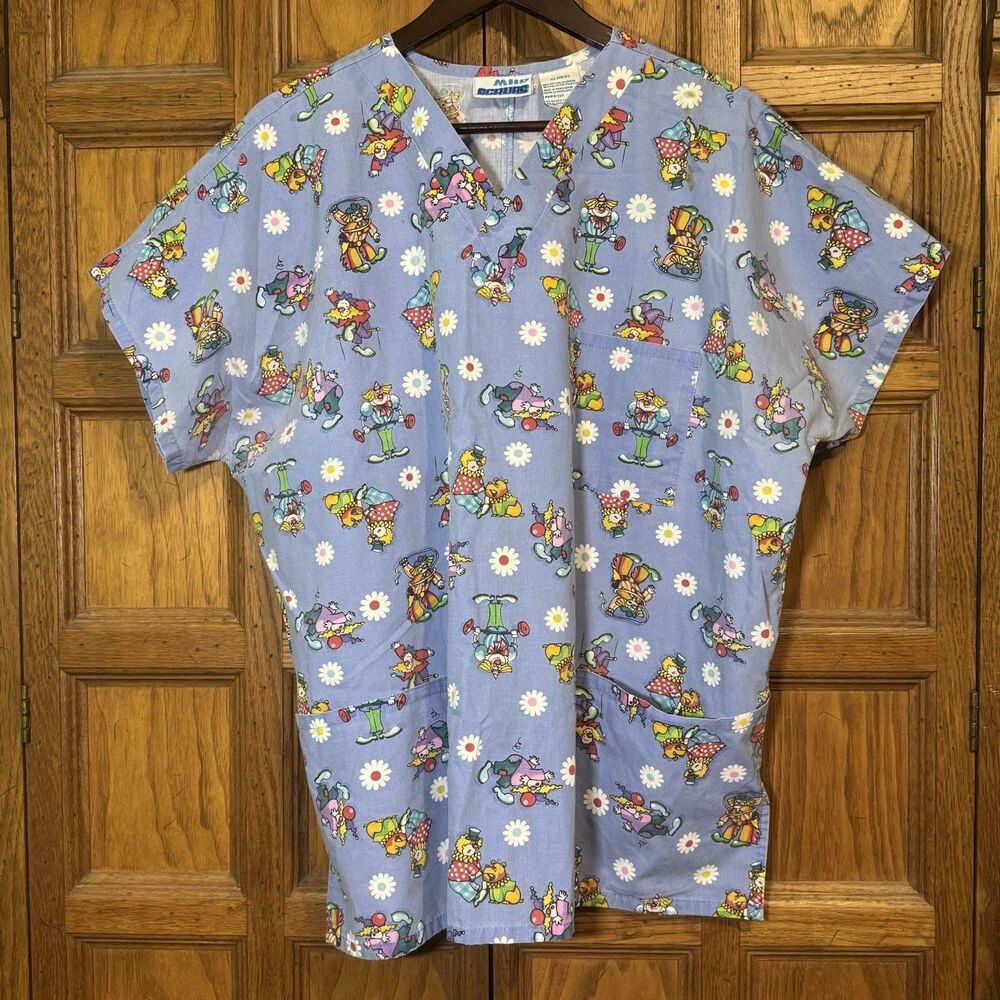 MHD Scrubs Clown Top Unisex XL Blue Cotton Poly 3 Pockets V-Neck Short Sleeves - Picture 4 of 13